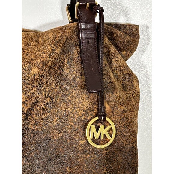Michael Kors Jessica Expandable Distressed Brown Leather Bag Handbag Purse Tote - Picture 3 of 11